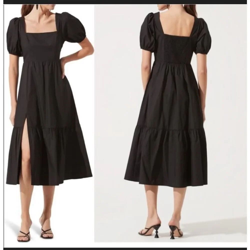 ASTR The Label NWT poplin puff sleeve tiered black side slit midi dress M